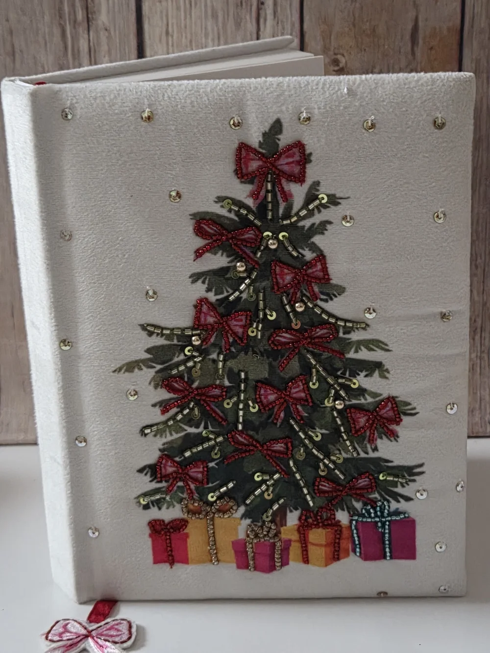 Holiday Velvet Journal with Embellished Christmas Tree Bookmark Included